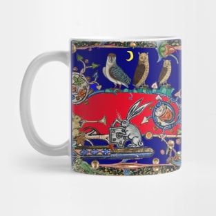 WEIRD MEDIEVAL BESTIARY MAKING MUSIC,Three Owls And Night Concert of Rabbits, Red Blue Mug
